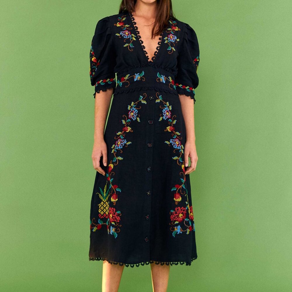 FARM Rio Black Cross Stitch V Neck Dress, NWT, XL